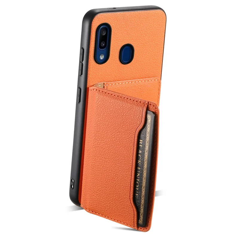 For Samsung Galaxy A20 / A30 Kickstand Case TPU+PC+PU Phone Cover with Card Slots - Orange