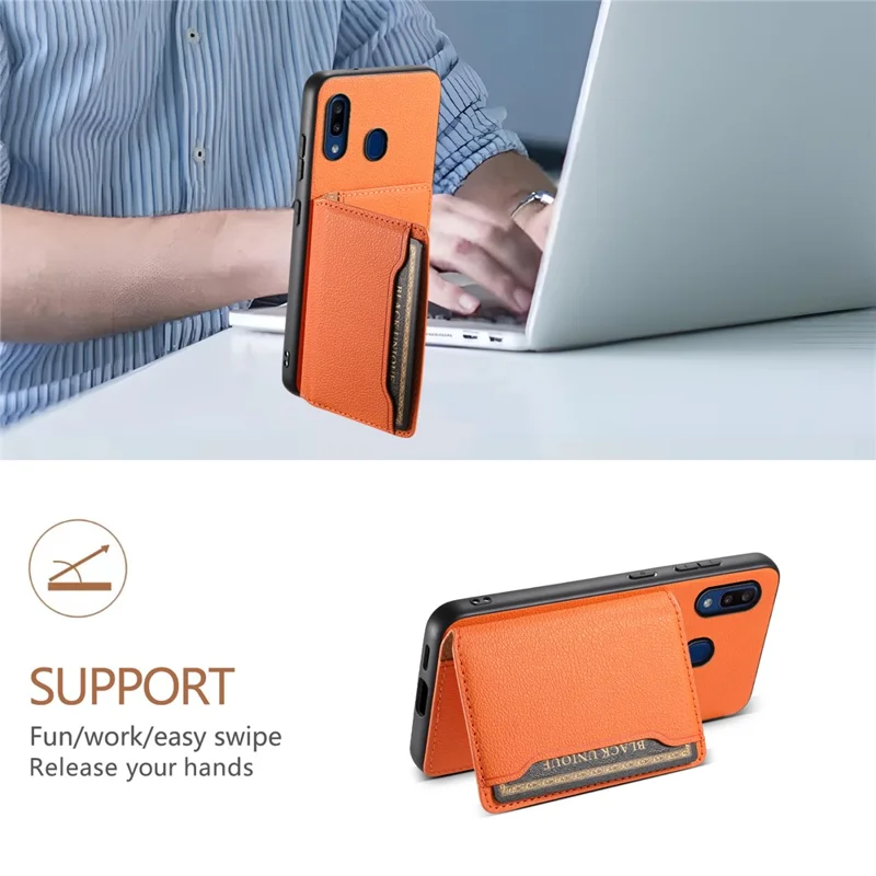 For Samsung Galaxy A20 / A30 Kickstand Case TPU+PC+PU Phone Cover with Card Slots - Orange