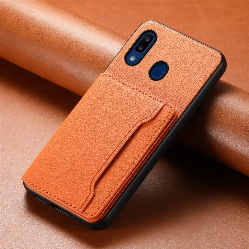 For Samsung Galaxy A20 / A30 Kickstand Case TPU+PC+PU Phone Cover with Card Slots - Orange