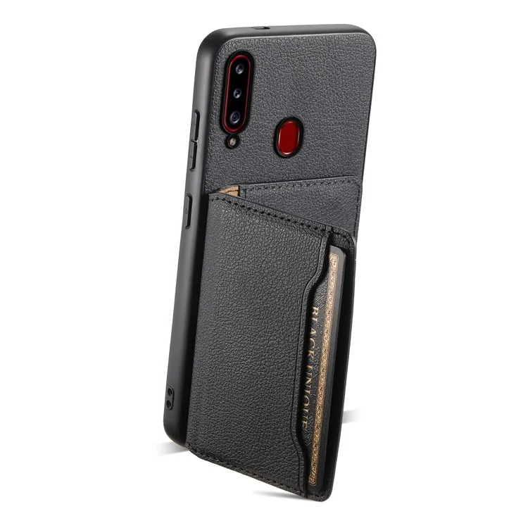 For Samsung Galaxy A20s Phone Case Card Slots Kickstand Phone Cover Calf Texture - Black