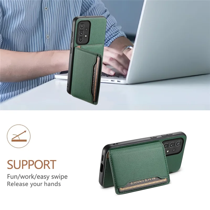 For Samsung Galaxy A33 5G Card Slots Case Kickstand TPU+PC+PU Phone Cover - Green
