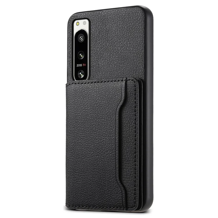 For Sony Xperia 5 IV 5G Case Drop-proof Calf Texture Card Holder Back Cover - Black