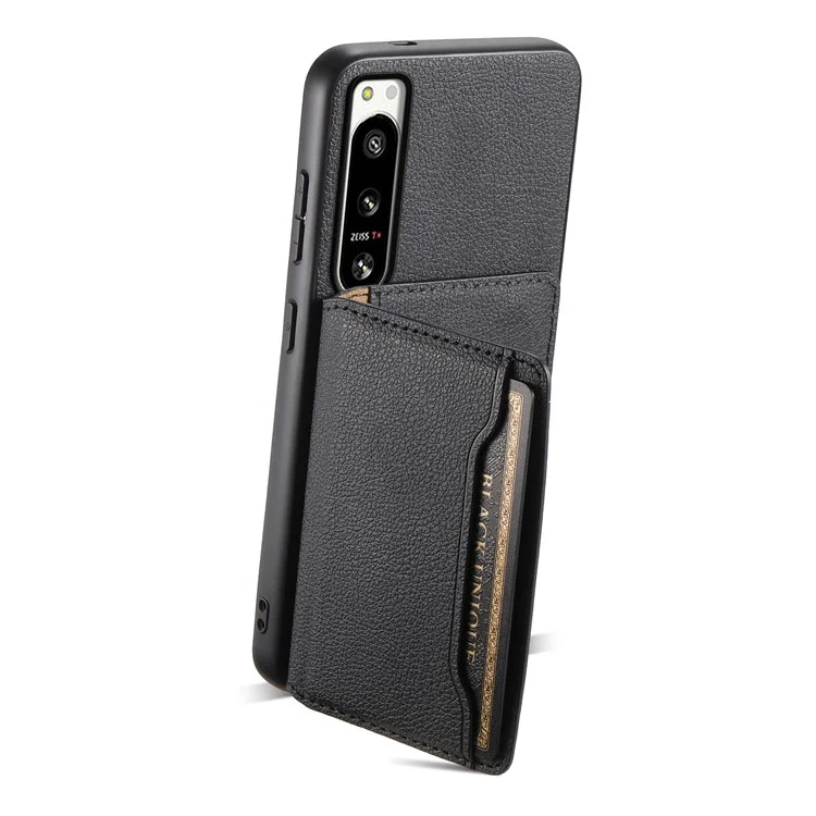 For Sony Xperia 5 IV 5G Case Drop-proof Calf Texture Card Holder Back Cover - Black