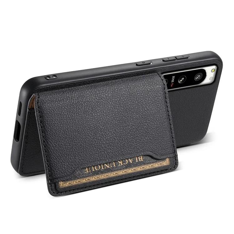 For Sony Xperia 5 IV 5G Case Drop-proof Calf Texture Card Holder Back Cover - Black