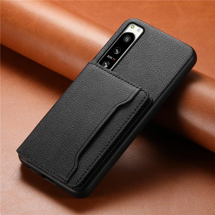 For Sony Xperia 5 IV 5G Case Drop-proof Calf Texture Card Holder Back Cover - Black