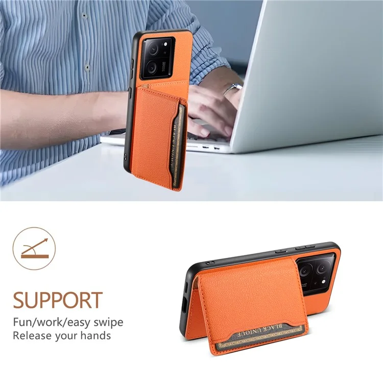Para Xiaomi 13T / 13T Pro / Redmi K60 Ultra Kickstand Case Card Slots Calf Texture Phone Protector - Orange