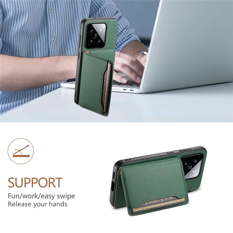 For Xiaomi 14 Case Anti-Scratch Calf Texture Kickstand Phone Cover - Green