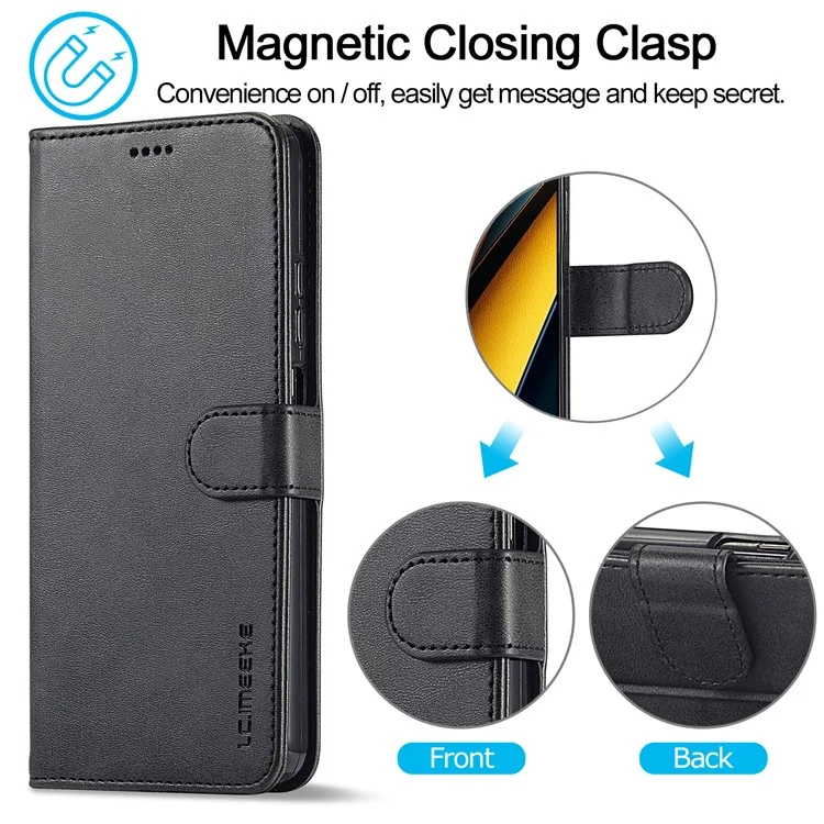 LC.IMEEKE For Xiaomi Poco X6 Pro 5G / Redmi K70E 5G Case Calf Texture Leather Wallet Flip Phone Cover - Black