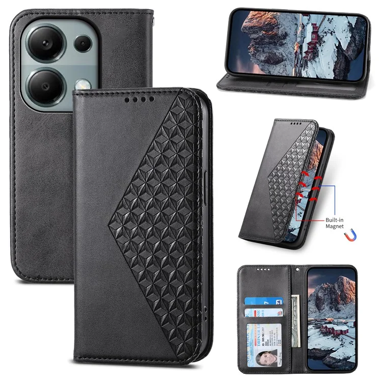 For Xiaomi Redmi Note 13 Pro 4G Case PU Leather Rhombus Imprinted Pattern Wallet Phone Cover - Black