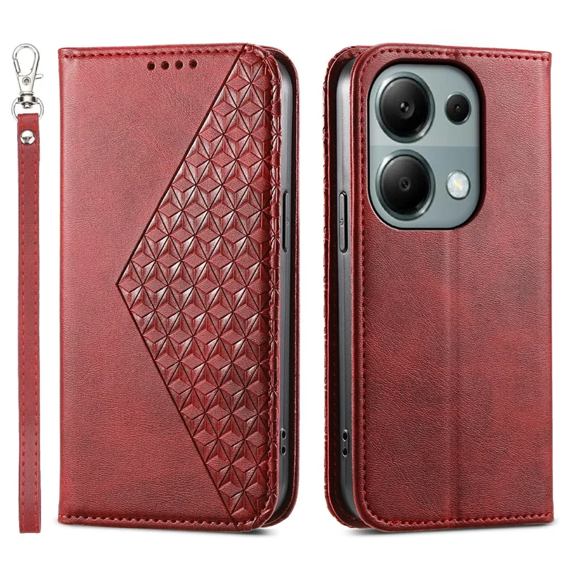 For Xiaomi Redmi Note 13 Pro 4G Case PU Leather Rhombus Imprinted Pattern Wallet Phone Cover - Red