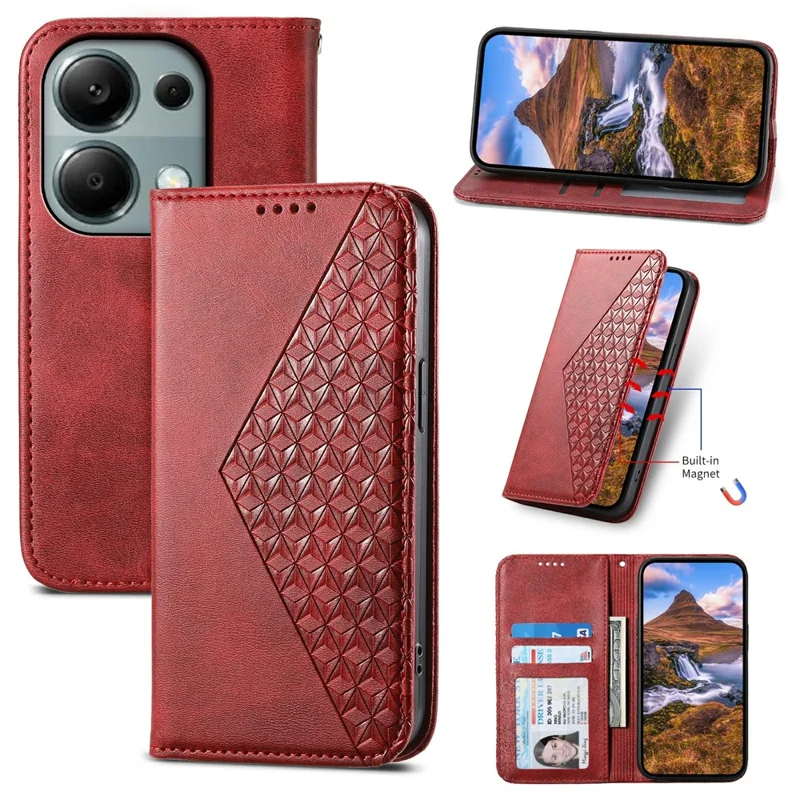 For Xiaomi Redmi Note 13 Pro 4G Case PU Leather Rhombus Imprinted Pattern Wallet Phone Cover - Red