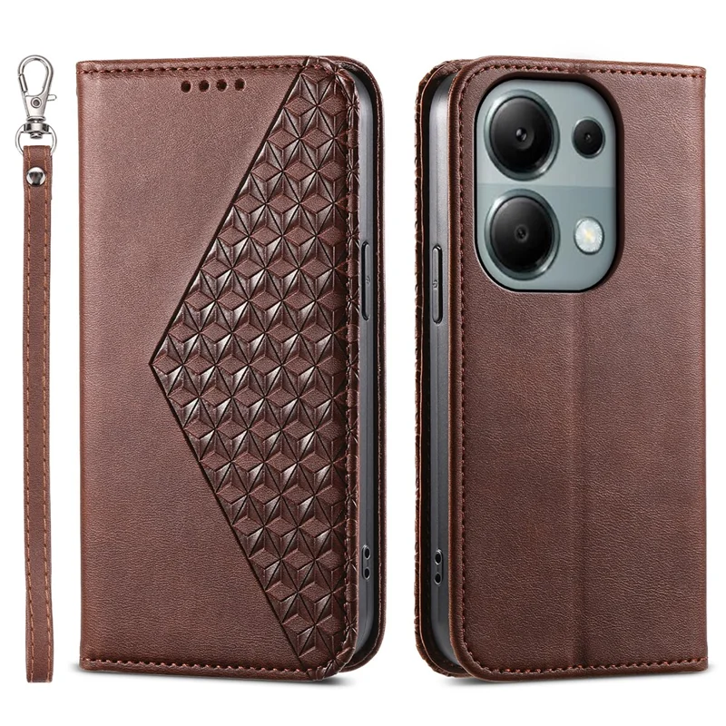 For Xiaomi Redmi Note 13 Pro 4G Case PU Leather Rhombus Imprinted Pattern Wallet Phone Cover - Brown