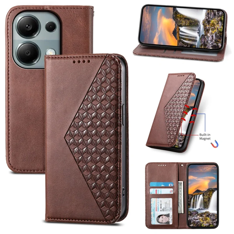 For Xiaomi Redmi Note 13 Pro 4G Case PU Leather Rhombus Imprinted Pattern Wallet Phone Cover - Brown