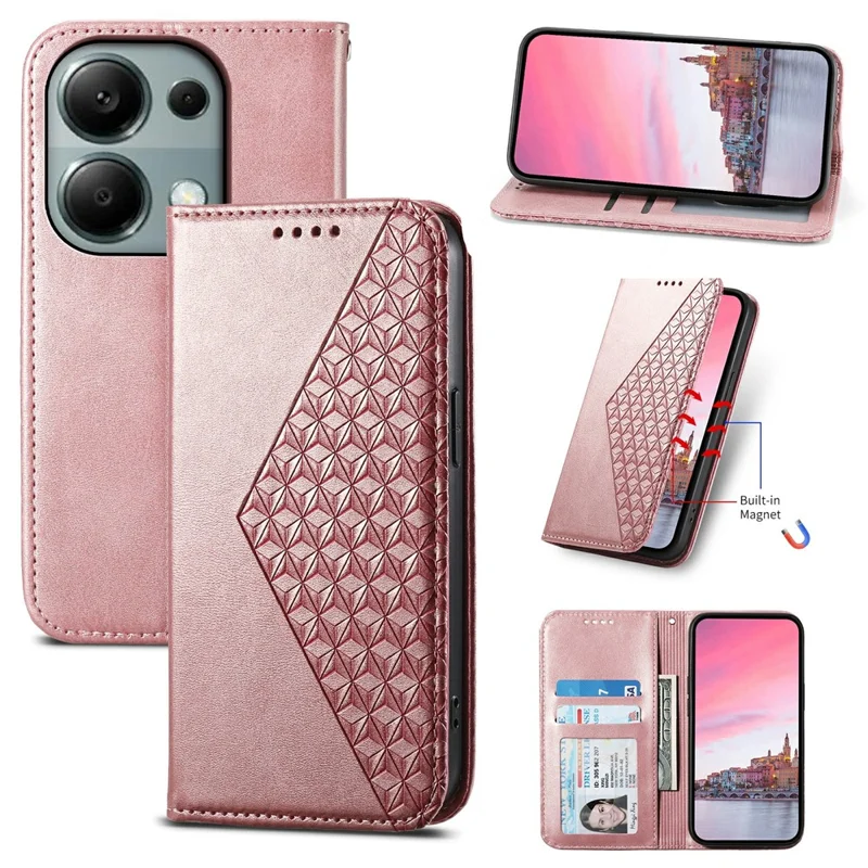 Per Xiaomi Redmi Note 13 Pro 4G Custodia in Pelle PU con Motivo a Rombo Impresso - Oro Rosa