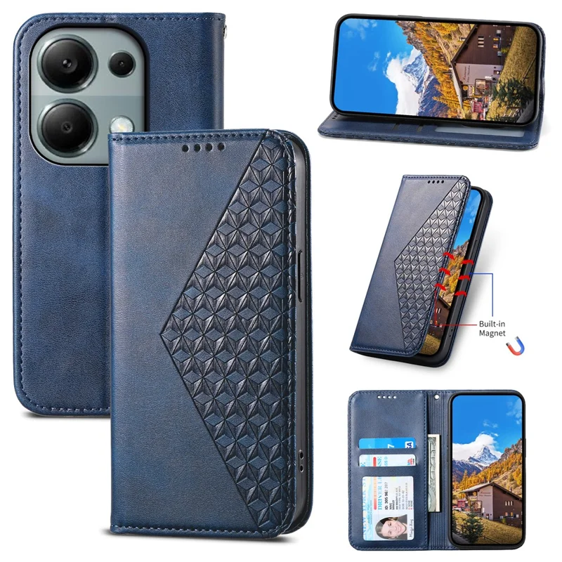 For Xiaomi Redmi Note 13 Pro 4G Case PU Leather Rhombus Imprinted Pattern Wallet Phone Cover - Blue