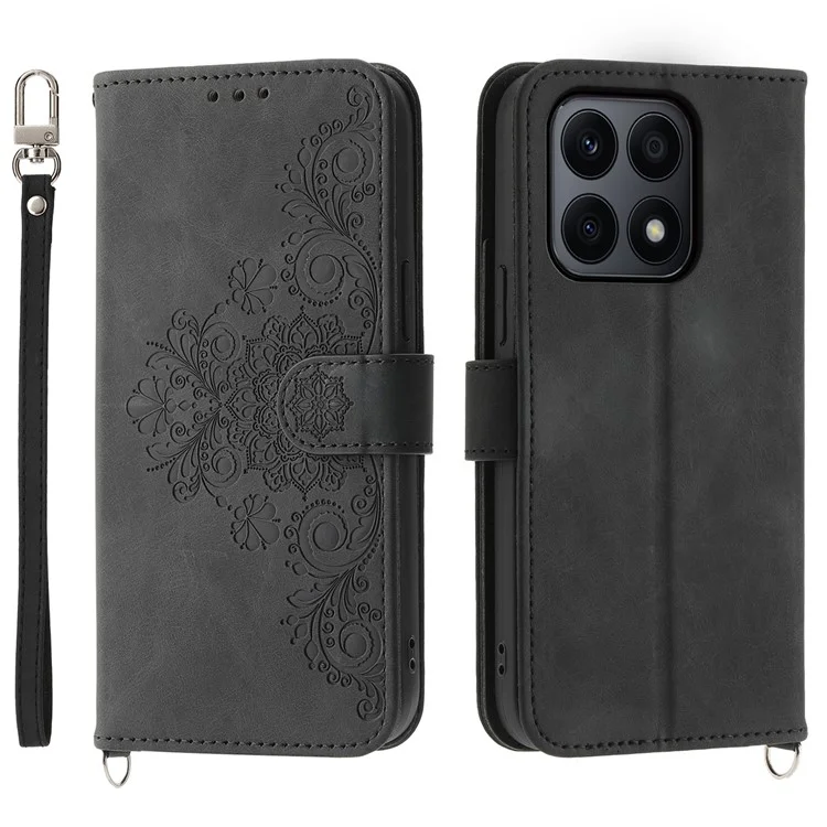 For Honor X8b 4G Wallet Case with Straps Flower Pattern Leather Phone Cover - Black