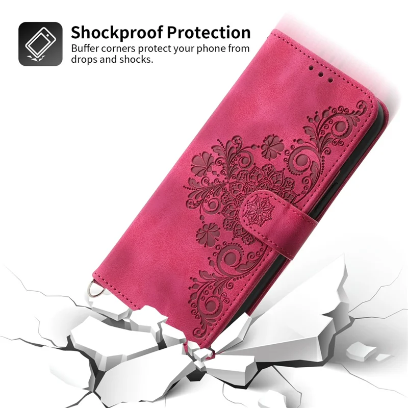 For Honor X8b 4G Wallet Case with Straps Flower Pattern Leather Phone Cover - Wine Red