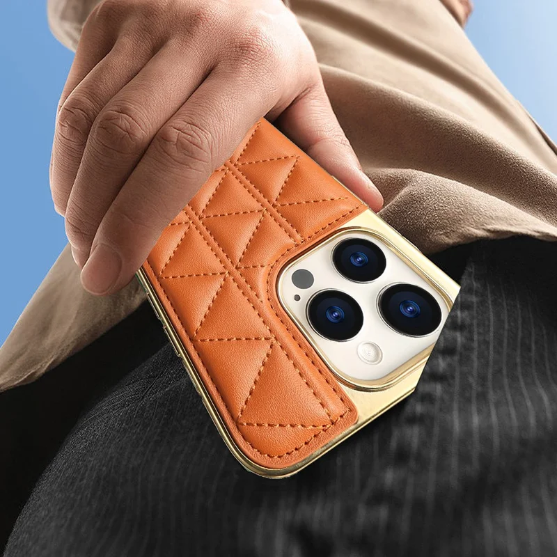 JINDUKA D4 Series for iPhone 14 Pro Max Case Triangle Pattern Leather+PC Phone Cover - Beige