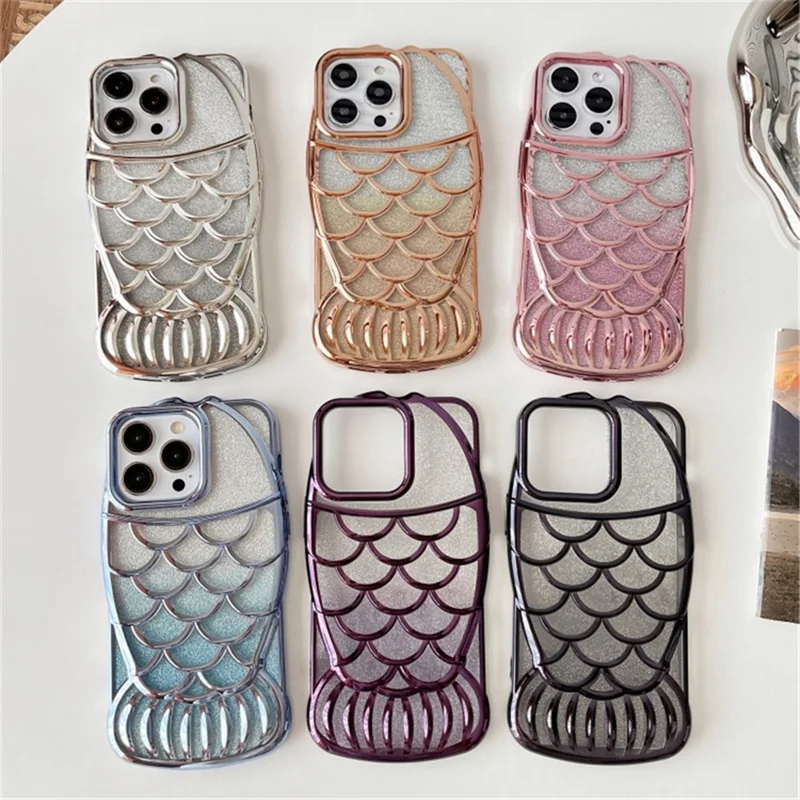 For iPhone 13 Pro Max TPU Case Glitter Sparkle Chubby Fish Design Phone Cover - Gold