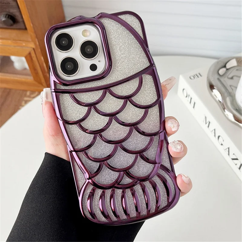 غطاء هاتف من مادة TPU لهاتف iPhone 13 Pro Max بتصميم لامع مع رسمة سمكة سمينة - بنفسجي داكن