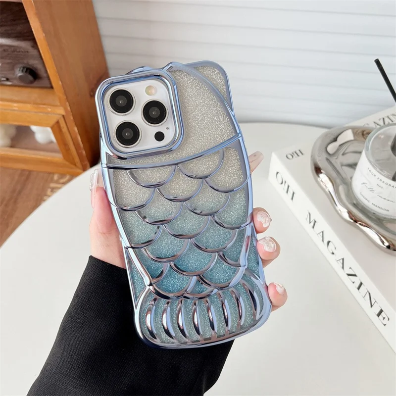 For iPhone 15 Pro Case Electroplating Bling Fish Shape Soft TPU Phone Cover - Blå