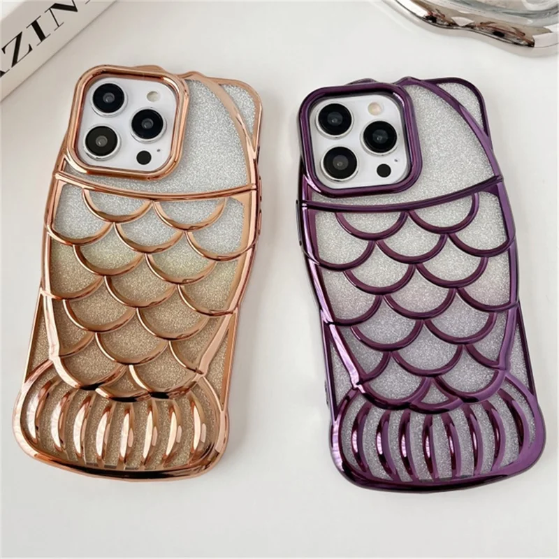 For iPhone 15 Pro Case Electroplating Bling Fish Shape Soft TPU Phone Cover - Blå