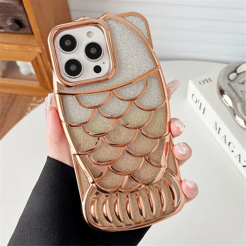 For iPhone 15 Pro Case Electroplating Bling Fish Shape Soft TPU Phone Cover - Gold