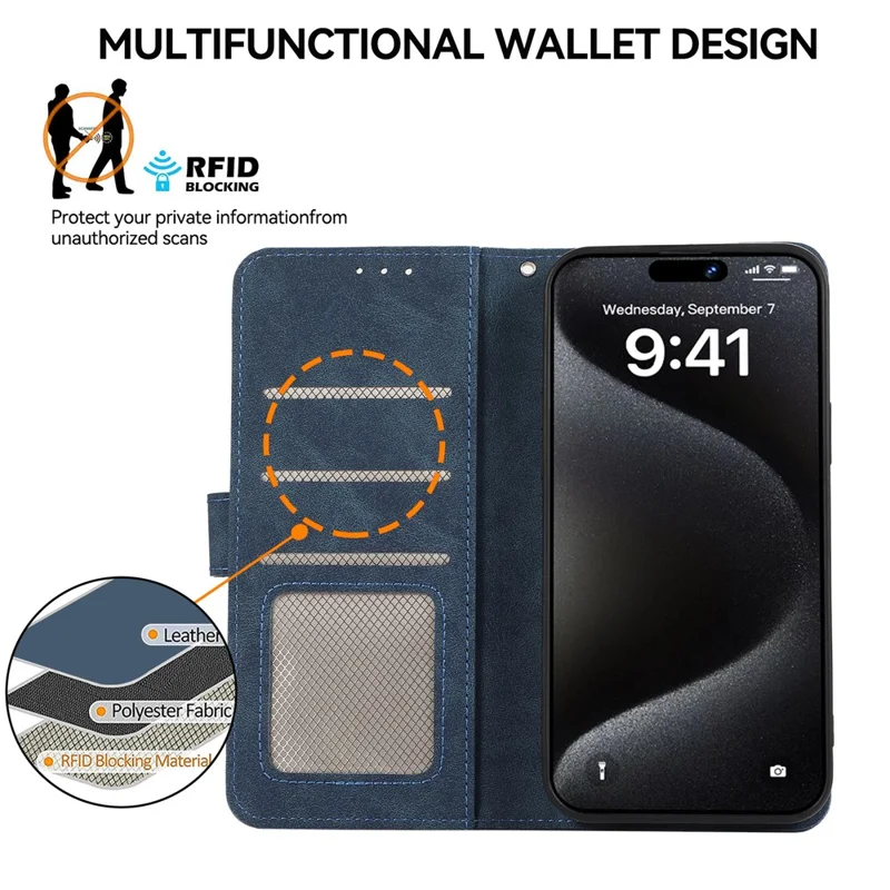 ABEEL For iPhone 15 Pro Cell Phone Cases RFID Blocking Wallet Shell - Blue