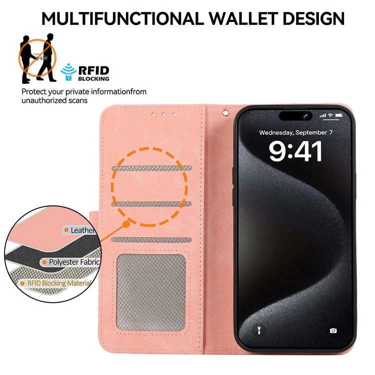 ABEEL Para iPhone 15 Pro Max Capa de Couro PU com Bloqueio RFID Suporte de Proteção de Telefone - Pink