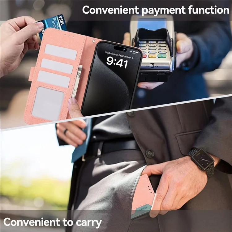 ABEEL Para iPhone 15 Pro Max Capa de Couro PU com Bloqueio RFID Suporte de Proteção de Telefone - Pink