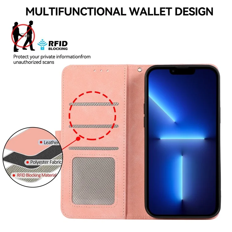 ABEEL Para iPhone 13 Pro Max Case com Bloqueio RFID Capa de Carteira de Couro Flip Folio Stand - Rosa