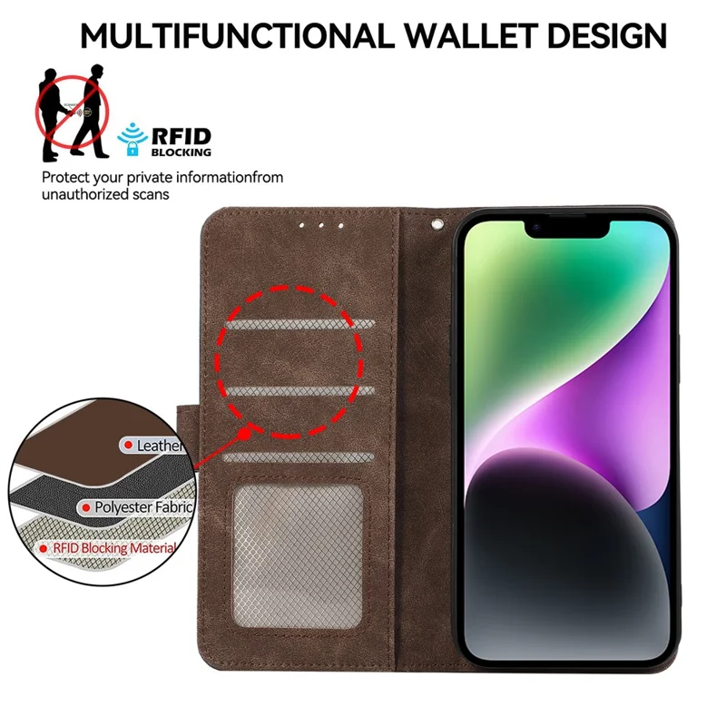ABEEL For iPhone 14 Wallet Phone Case Color Matching RFID Blocking Leather Flip Cover - Brown