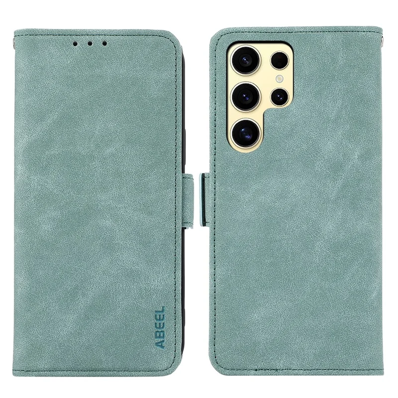 ABEEL For Samsung Galaxy S22 Ultra 5G Phone Case PU Leather Protective Cover RFID Blocking Stand - Baby Blue