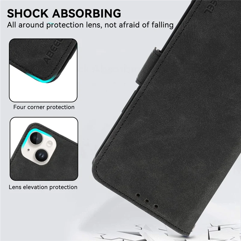 ABEEL For iPhone 14 Plus Wallet Case PU Leather RFID Blocking Phone Stand Cover - Black