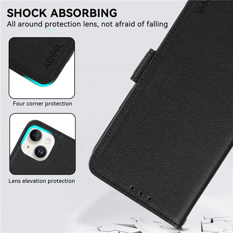 Étui ABEEL pour iPhone 13 avec fentes pour cartes RFID, portefeuille, couverture de téléphone en cuir, texture de litchi - Noir