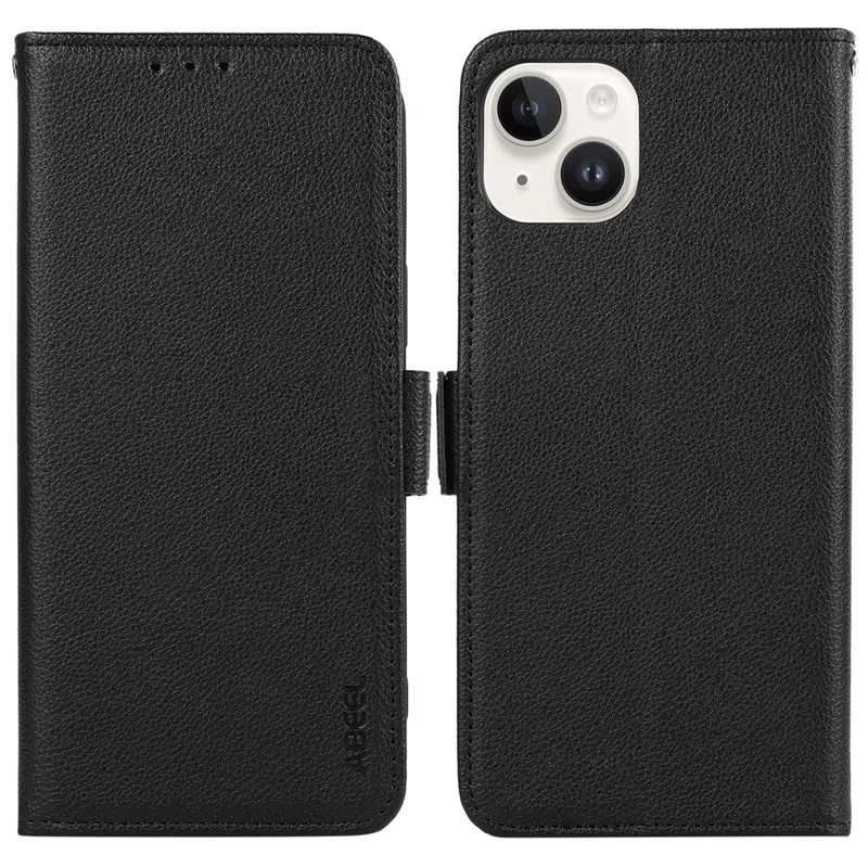 ABEEL Für iPhone 15 Magnetische Hülle Leder Litchi Textur RFID Blockierende Handy Abdeckung - Schwarz
