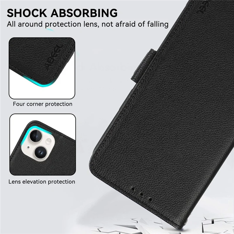 ABEEL Für iPhone 15 Magnetische Hülle Leder Litchi Textur RFID Blockierende Handy Abdeckung - Schwarz