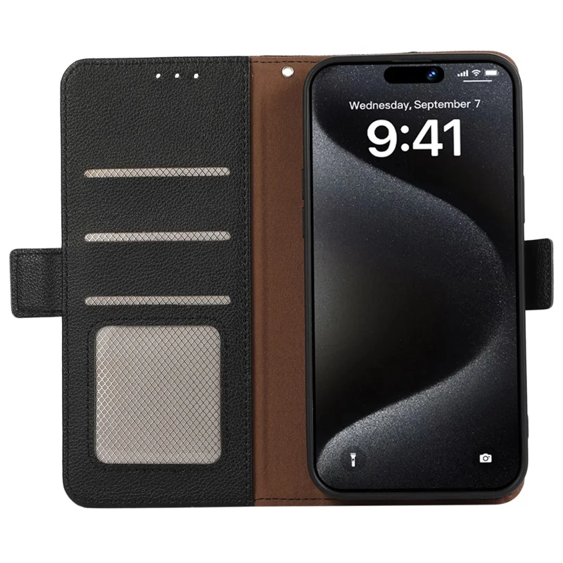 ABEEL For iPhone 15 Pro RFID Blocking Case Litchi Texture Leather Wallet Phone Cover - Negro