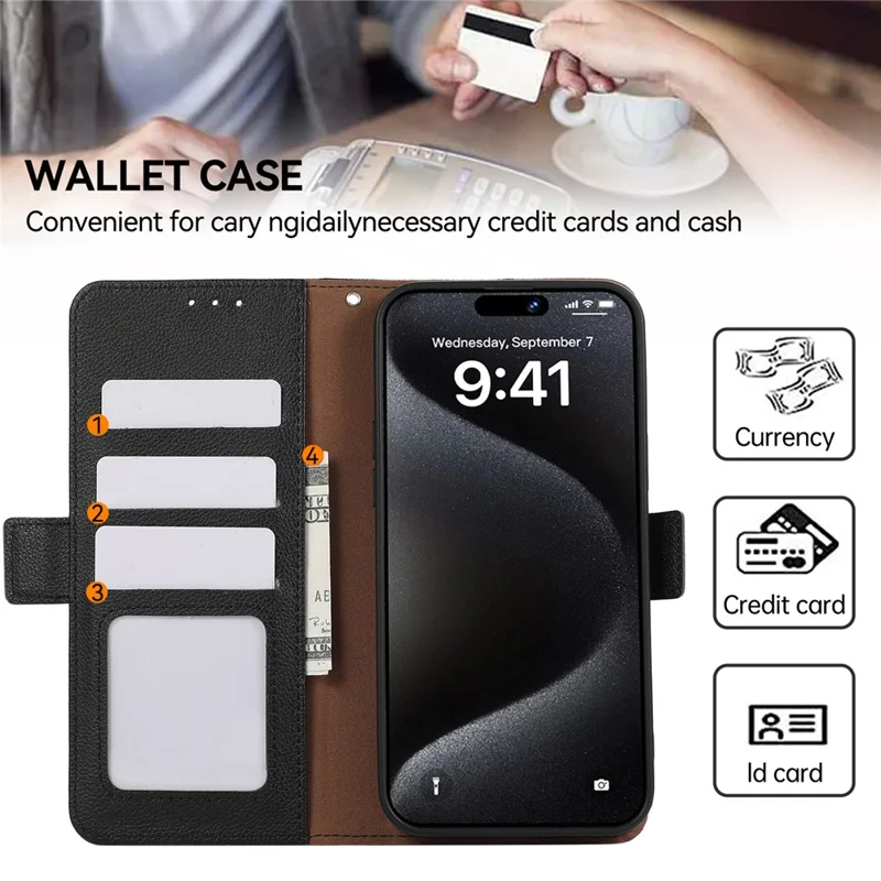 ABEEL For iPhone 15 Pro RFID Blocking Case Litchi Texture Leather Wallet Phone Cover - Negro