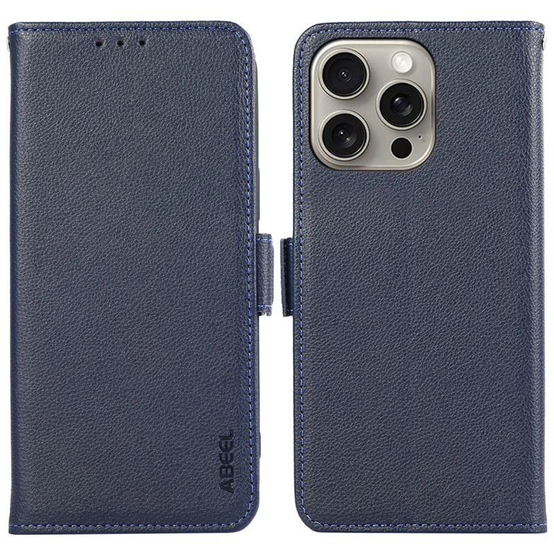 ABEEL For iPhone 15 Pro RFID Blocking Case Litchi Texture Leather Wallet Phone Cover - Blue