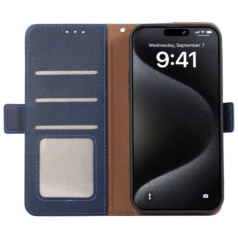 ABEEL For iPhone 15 Pro RFID Blocking Case Litchi Texture Leather Wallet Phone Cover - Blue