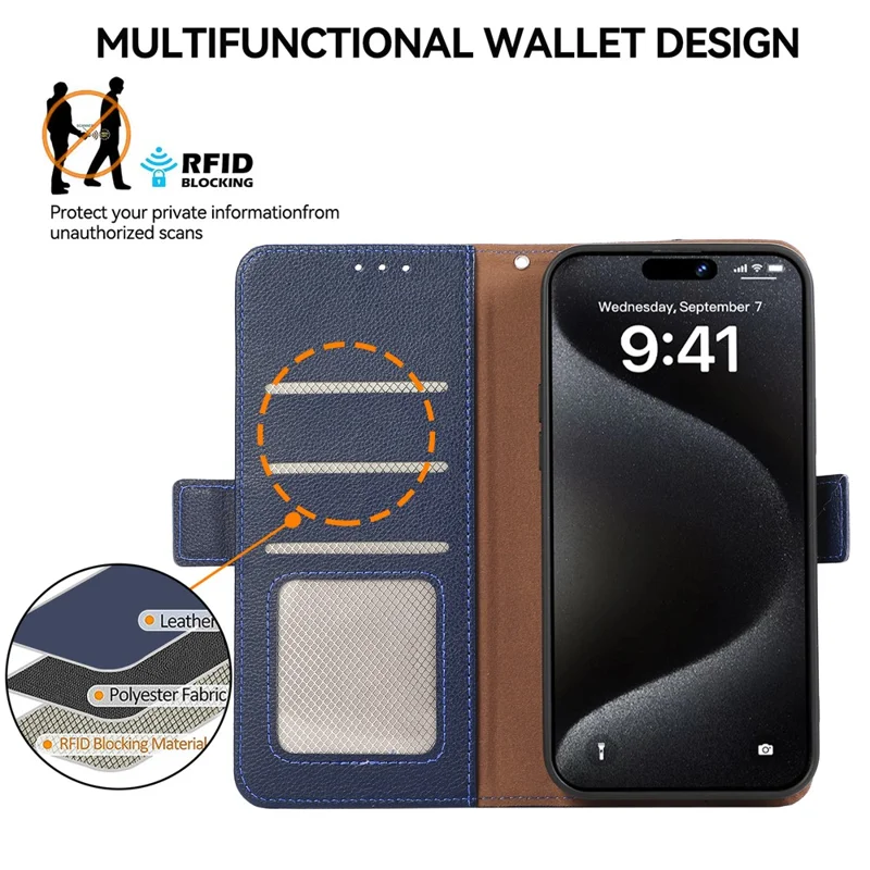 ABEEL For iPhone 15 Pro RFID Blocking Case Litchi Texture Leather Wallet Phone Cover - Blue