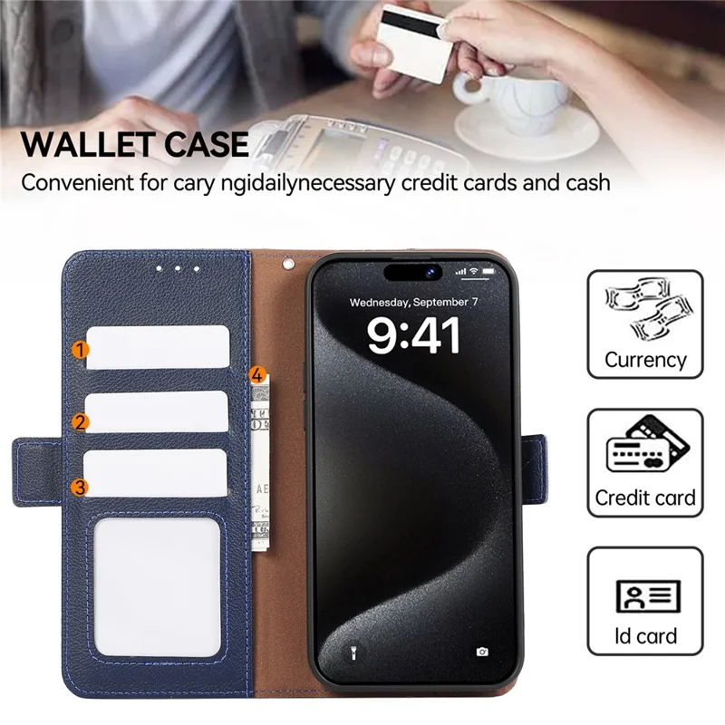 ABEEL For iPhone 15 Pro RFID Blocking Case Litchi Texture Leather Wallet Phone Cover - Blue