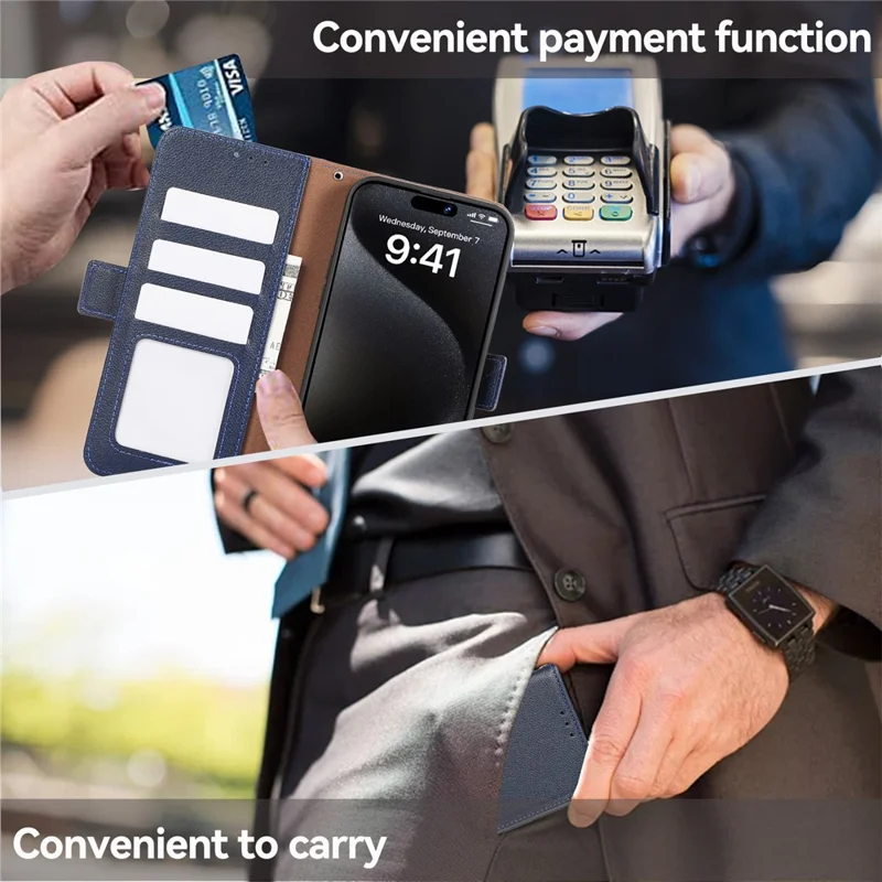 ABEEL For iPhone 15 Pro RFID Blocking Case Litchi Texture Leather Wallet Phone Cover - Blue