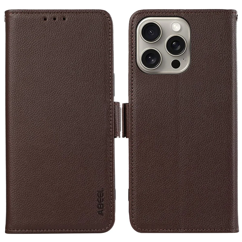 ABEEL For iPhone 15 Pro RFID Blocking Case Litchi Texture Leather Wallet Phone Cover - Marrom