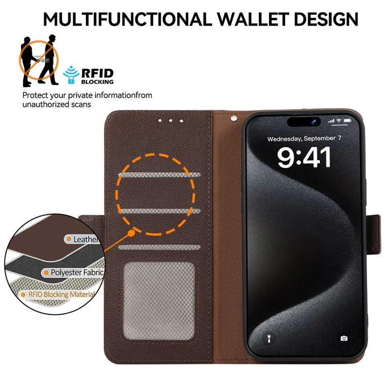 ABEEL For iPhone 15 Pro RFID Blocking Case Litchi Texture Leather Wallet Phone Cover - Marrom