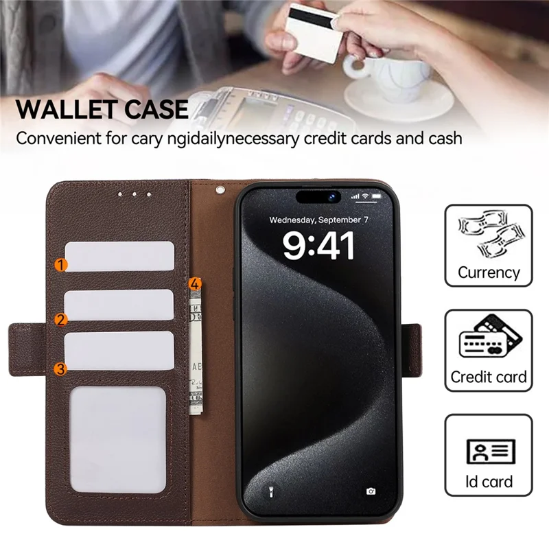 ABEEL For iPhone 15 Pro RFID Blocking Case Litchi Texture Leather Wallet Phone Cover - Marrom