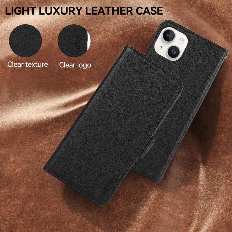 ABEEL For iPhone 14 Case Litchi Texture Phone Cover RFID Blocking Wallet - Black