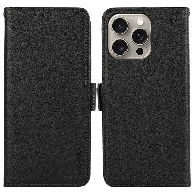 ABEEL لجهاز iPhone 12 بحجم 6.1 بوصة / 12 Pro بحجم 6.1 بوصة، غطاء واقي للهاتف بخاصية حجب RFID، جلد بتصميم حامل وملمس توت الليتشي - أسود