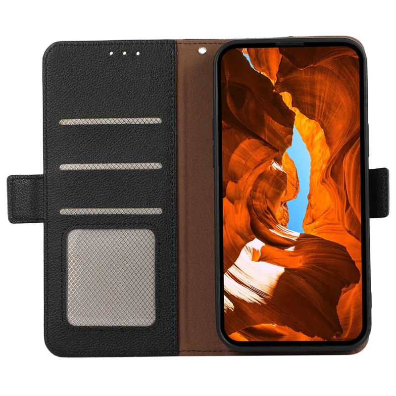 ABEEL لجهاز iPhone 12 بحجم 6.1 بوصة / 12 Pro بحجم 6.1 بوصة، غطاء واقي للهاتف بخاصية حجب RFID، جلد بتصميم حامل وملمس توت الليتشي - أسود